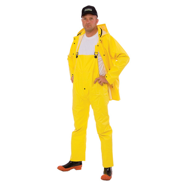 RS353Y4XL STORMFRONT .35 MM PVC/POLYESTER  YELLOW 3-PIECE RAIN SUIT  STORM FLY FRONT WITH ZIPPER/SNAP BUTTONS  VENTILATED BACK/UNDERARMS  BIB PANTS SUSPENDERS  DETACHABLE HOOD Cordova Safety Products