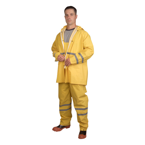 HV353YM RIPTIDE.35 MM PVC/POLYESTER  YELLOW  3-PIECE RAIN SUIT  SILVER REFLECTIVE STRIPES  STORM FLY FRONT WITH ZIPPER/SNAP BUTTONS  BIB PANTS WITH SUSPENDERS  DETACHABLE HOOD Cordova Safety Products