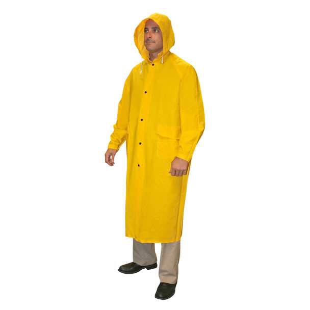 RC35Y60S RENEGADE .35 MM PVC/POLYESTER  YELLOW 2-PIECE RIDING COAT  LEG STRAPS  CORDUROY COLLAR  STORM FLY FRONT WITH SNAP BUTTONS  VENTILATED BACK/UNDERARMS  60" LENGTH  DETACHABLE HOOD Cordova Safety Products