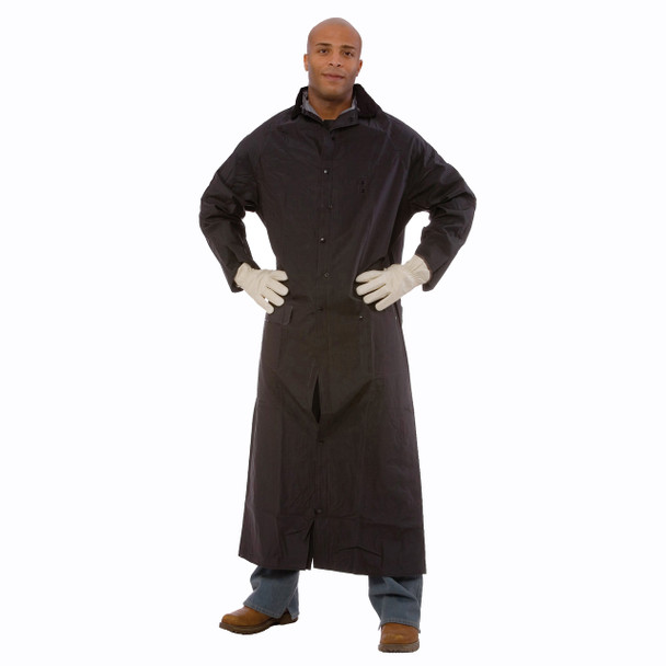 RC35B60M RENEGADE .35 MM PVC/POLYESTER  BLACK 2-PIECE RIDING COAT  LEG STRAPS  CORDUROY COLLAR  STORM FLY FRONT WITH SNAP BUTTONS  VENTILATED BACK/UNDERARMS  60" LENGTH  DETACHABLE HOOD Cordova Safety Products