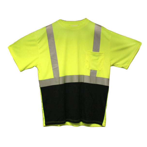 V451-M COR-BRITE CLASS II  LIME BIRDSEYE MESH T-SHIRT  SHORT SLEEVES  CHEST POCKET  2-INCH SILVER REFLECTIVE TAPE  BLACK FRONT PANEL Cordova Safety Products