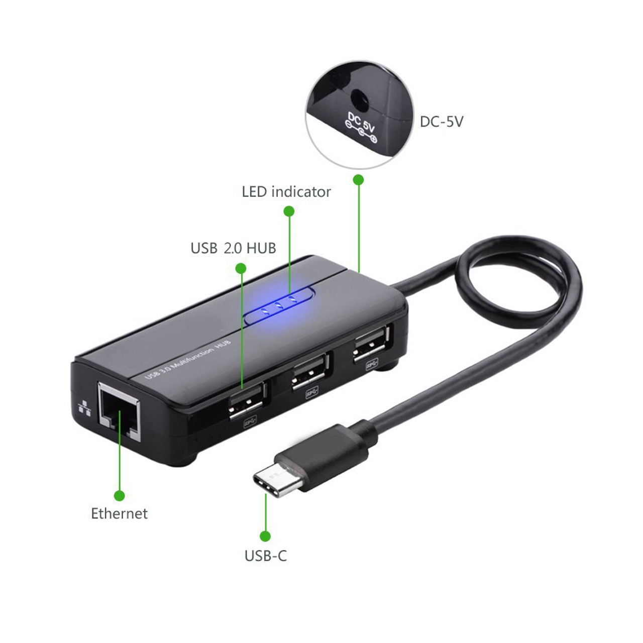 20CM USB 3.1 Type-C Male to 10/100 LAN & USB 3 Port Hub