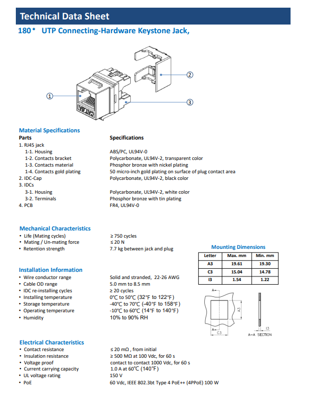 CAT6A UTP Keystone Jack