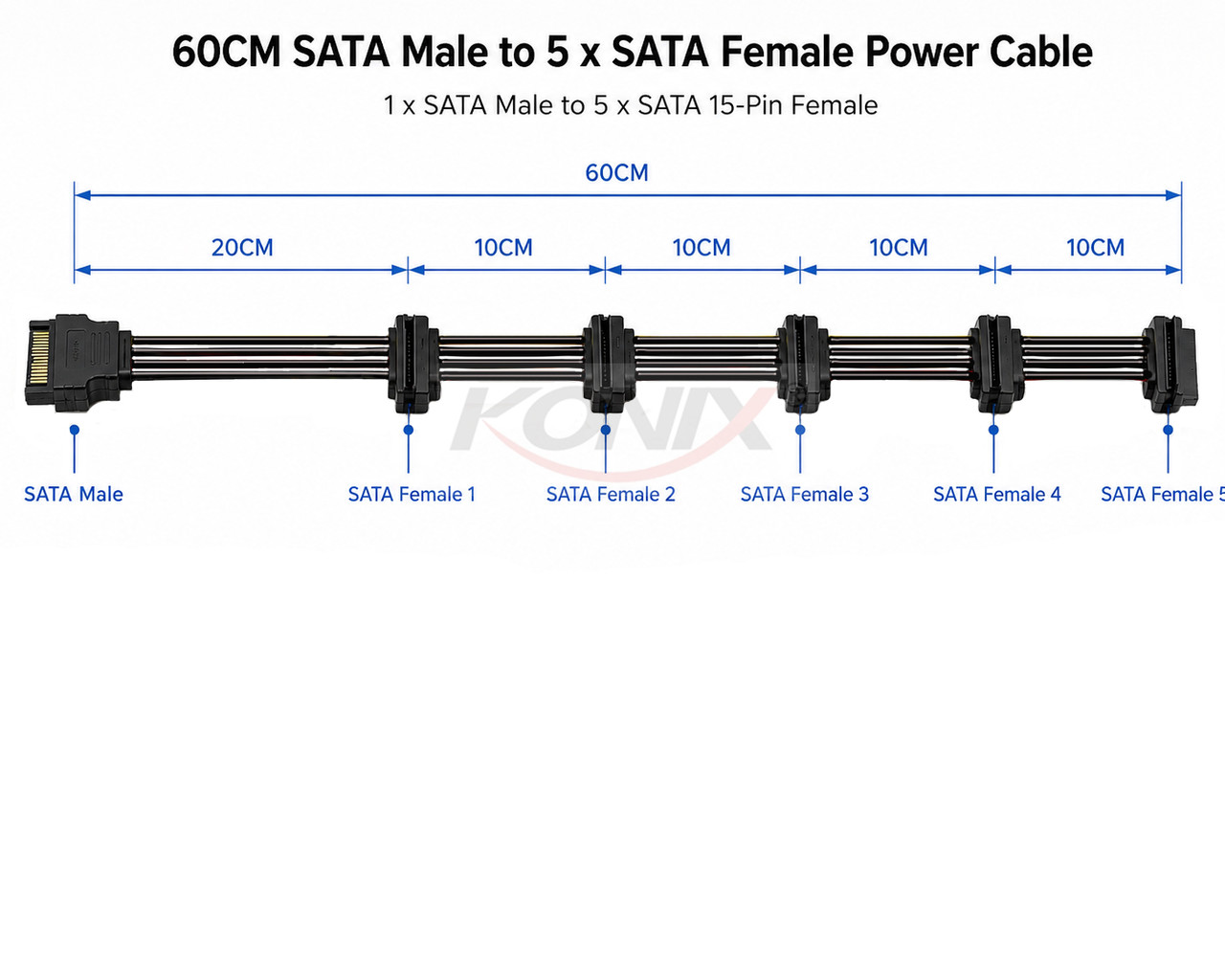 60CM SATA Male to 5 x SATA Female Power Cable