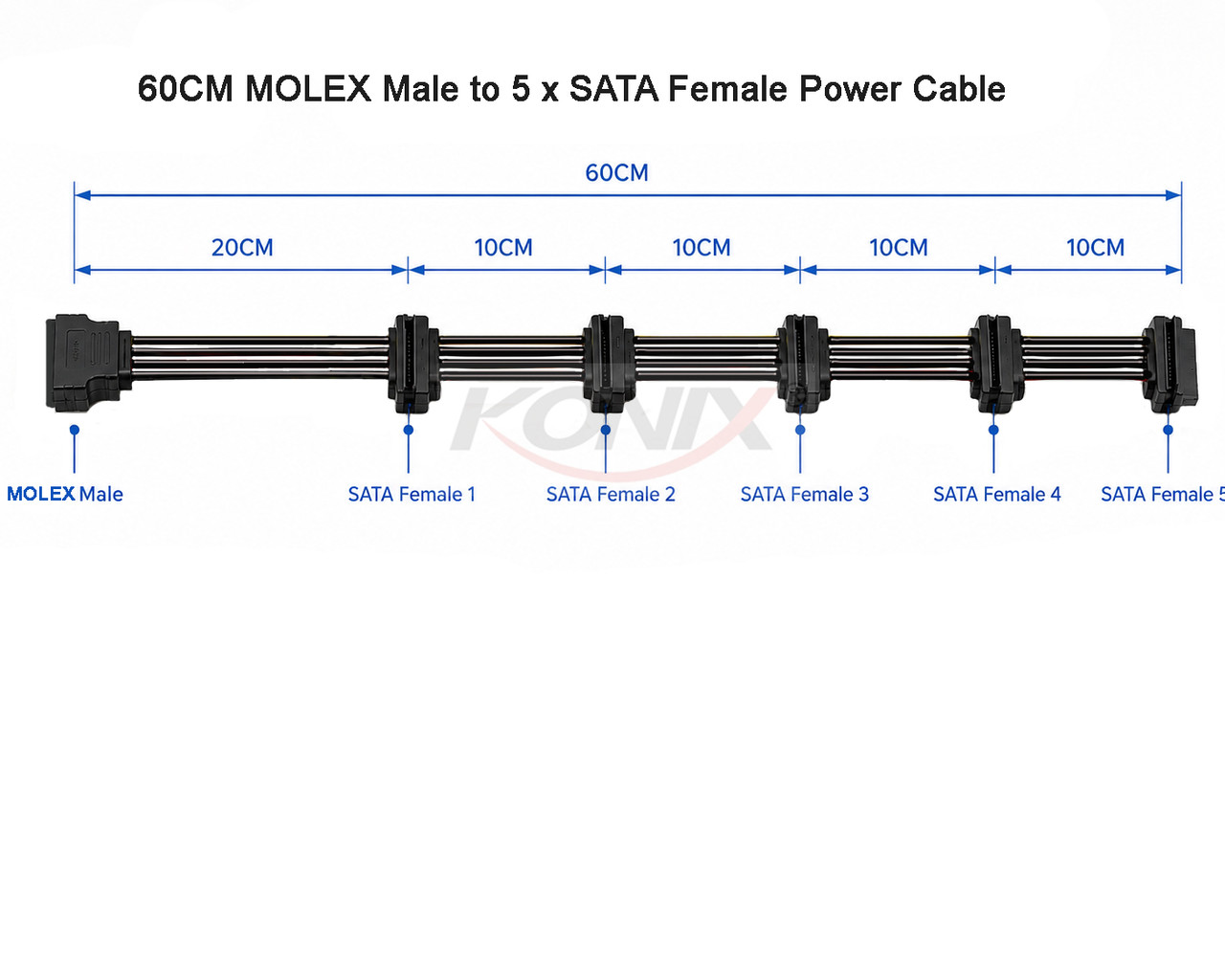 60CM Molex Male to 5 x SATA Female Power Cable