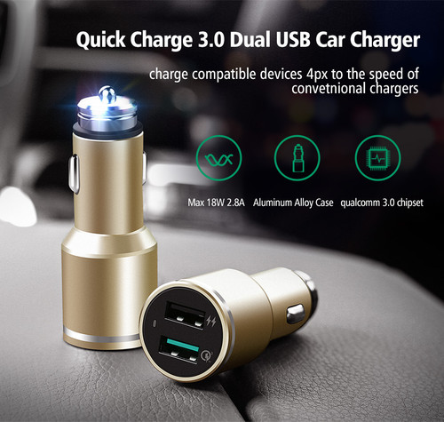 USB Car Charger 2 Port with Qualcomm 3.0 Quick Charge