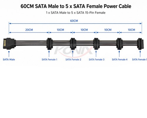 60CM SATA Male to 5 x SATA Female Power Cable