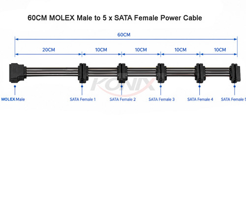 60CM Molex Male to 5 x SATA Female Power Cable