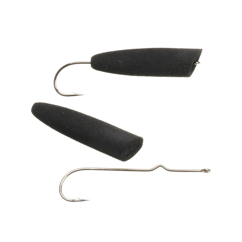 Two Pencil Popper Bodies, #1 Black, One with a Hook Inserted and One Without.