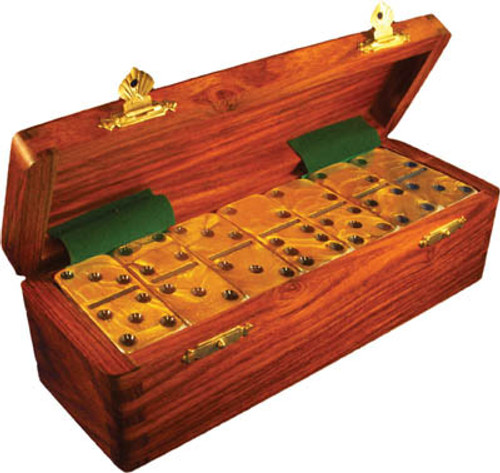Double Six Dominos in Wood Case - Gold