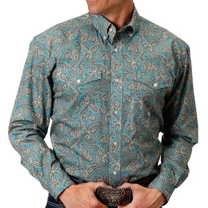 03-001-0325-4010 Roper Men's Blue Paisley Printed Two Pocket Buttondown