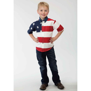 Roper Boy's Denim Collar Stars Stripes Pieced American Flag White L, 0185 03-031-0185-0101 WH
