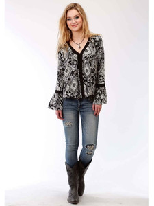 Roper 0590 Diamond Floral Print Rayon Blouse Black 03-050-0590-6025 BL Roper 0590 Diamond Floral Print Rayon Blouse Black 03-050-0590-6025 BL