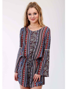 Roper 0590 Ladies Paisley Stripe Printed Rayon Romper Blue 03-062-0590-6026 BU