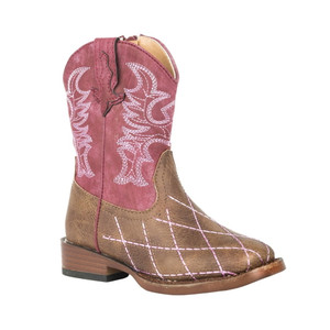 Roper  Toddler Girls Cross Cut Checkered Embroidery Square Toe    Boots   Mid Calf 09-017-1900-0081 BR Roper  Toddler Girls Cross Cut Checkered Embroidery Square Toe    Boots   Mid Calf 09-017-1900-0081 BR