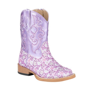 Roper  Toddler Girls Lavender Glitter Floral Square Toe    Boots   Mid Calf 09-017-1901-1520 PU Roper  Toddler Girls Lavender Glitter Floral Square Toe    Boots   Mid Calf 09-017-1901-1520 PU