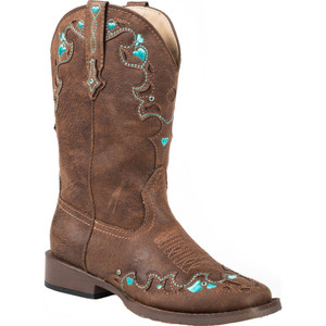 Roper  Kids Girls Heart Embroidery Square Toe    Boots   Mid Calf 09-018-1901-0997 BR Roper  Kids Girls Heart Embroidery Square Toe    Boots   Mid Calf 09-018-1901-0997 BR