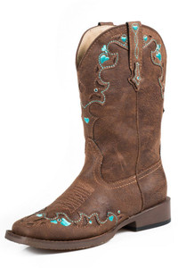 Roper Western Boots Girl Hearts Faux Leather Brown Size-9 Roper Western Boots Girl Hearts Faux Leather Brown Size-9