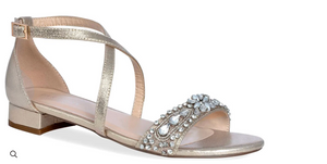 Paradox London - Champagne Shimmer Low Block Heel Sandals with Stones, Champagne, Size- 7.5