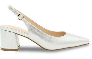 Paradox London: Imelda Mid Block Slingback Heels, Silver, Size- 10