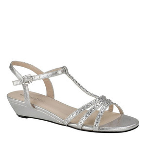 Women's Touch Ups Hailey T-Strap Wedge Sandal Silver Shimmer Fabric, Size - 9.5 W