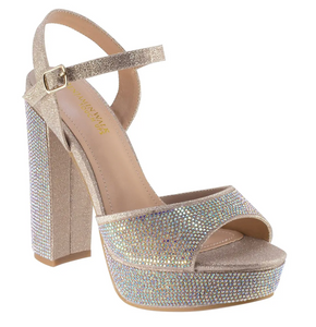 Touch Ups High Block Heel Platform Sandals with Stones, Champagne, Size 6.5