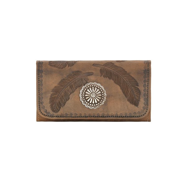 American West 7583282 Sacred Bird Ladies Tri-Fold Wallet, Distressed Charcoal Brown