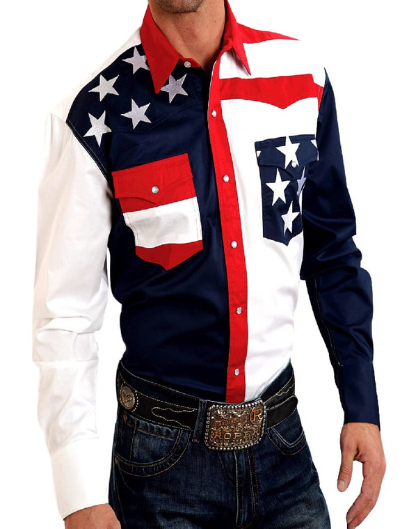 Roper Western Shirt Mens L/S USA Flag Snap Blue 03-001-0185-0304 BU