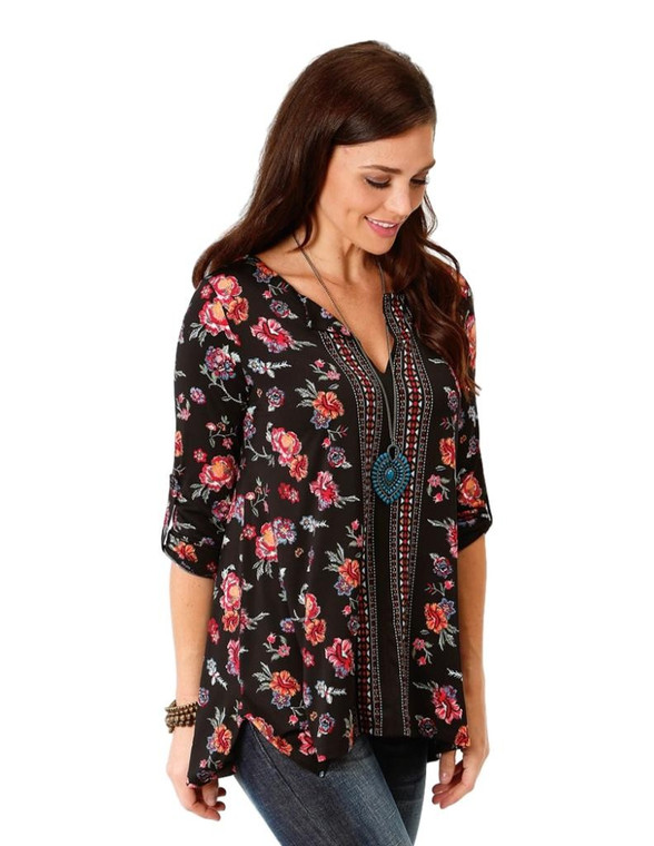 Roper Western Shirt Women 3/4 Sleeve Tunic M Black 03-038-0514-5015 BL