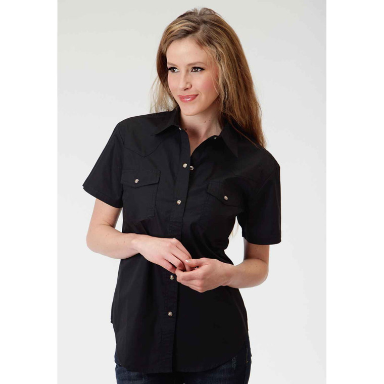 Roper Ladies Short Sleeve Western Shirt Solid Poplin Back Yoke Blac, 0265 03-051-0265-1017 BL