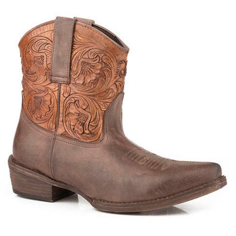 Women's Roper Dusty Tooled Ankle Leather Boots Handcrafted Brown 09-021-0980-2677 BR