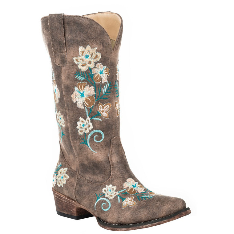 Roper  Womens Riley Floral Embroidery Snip Toe   Boots   Mid Calf Low Heel 1-2" 09-021-1566-2419 BR