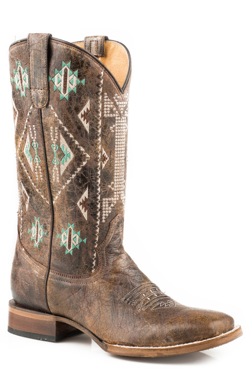 Roper Out West Womens Brown Leather Aztec Cowboy Boots 09-021-7022-1461 BR