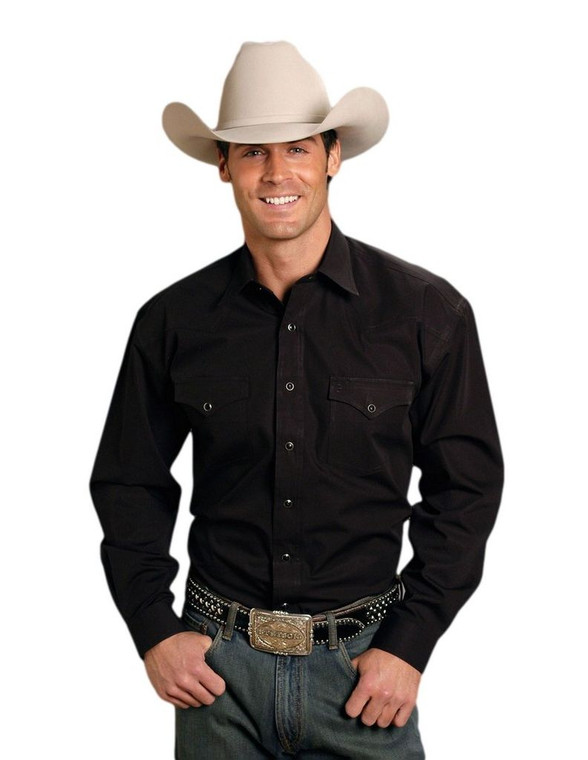 Stetson Western Shirt Mens L/S Solid Poplin Black 11-001-0465-1022 BL