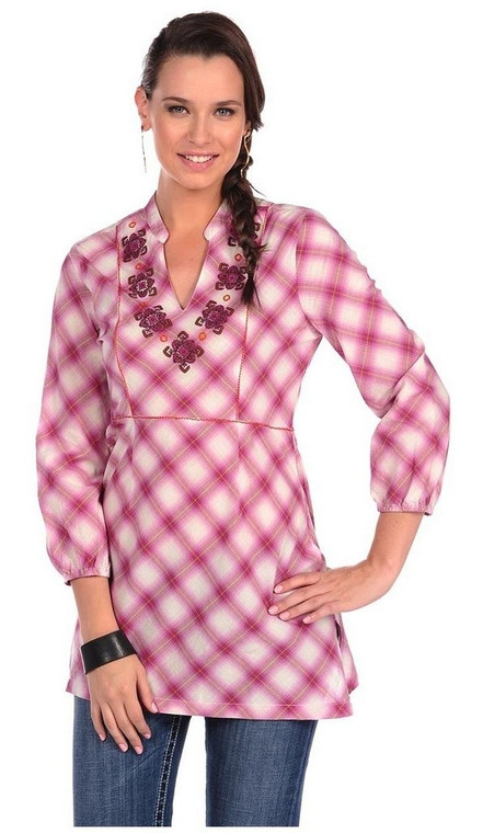Stetson Western Shirt Womens L/S Tunic Plaid Pink 11-050-0565-0703 PI