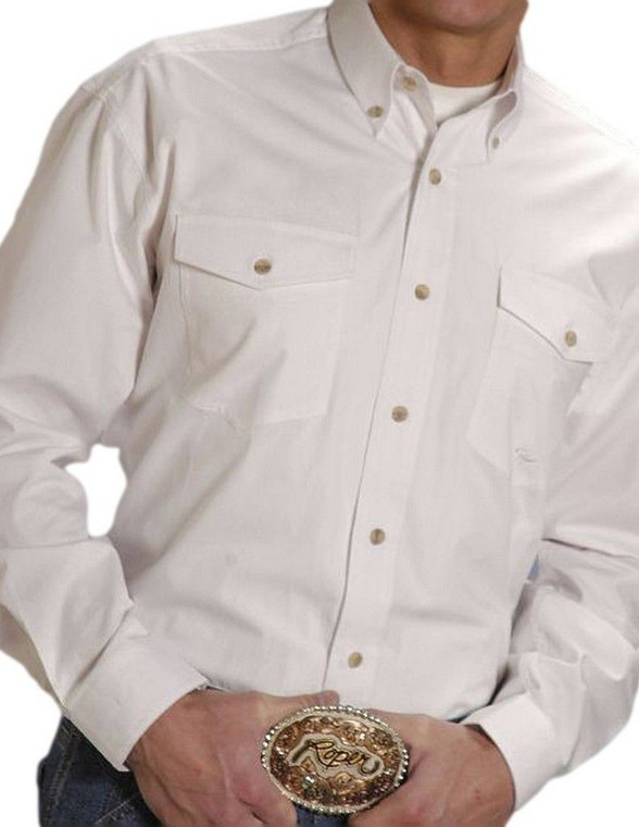 Roper Western Shirt Mens L/S Button Solid White Size- Large