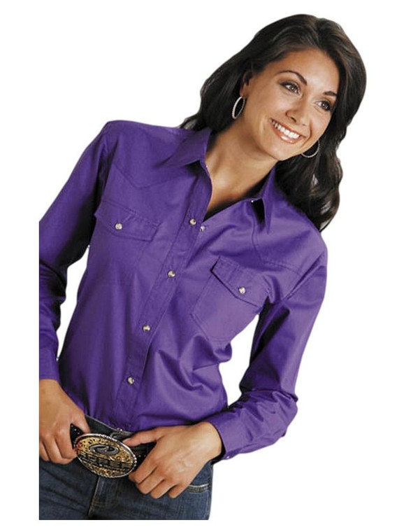 Roper Western Shirt Womens L/S Solid Poplin Purple Size- Small