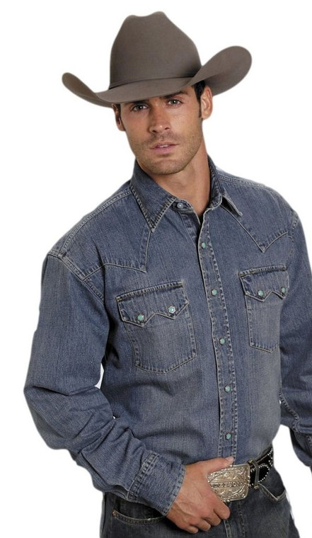 Stetson Western Shirt Mens Denim Classic L/S Blue Size-L