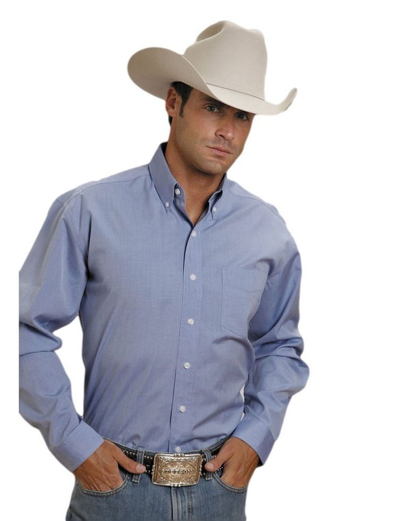 Western Shirt Mens L/S Solid Button Blue Size-L