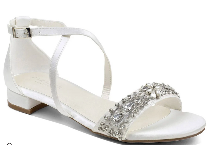 Ivory Satin Low Block Heel Sandals with Stones