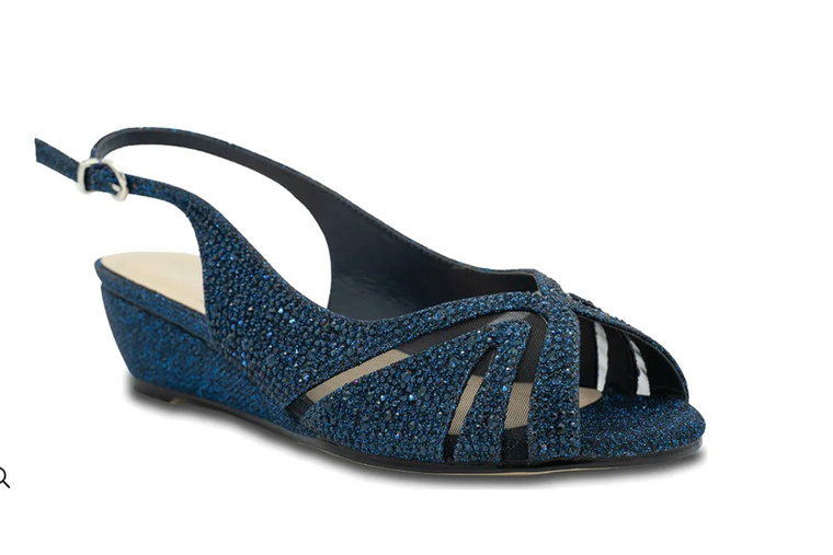 Paradox London : Navy Glitter Low Wedge Heel Sandals, Navy, Size-7