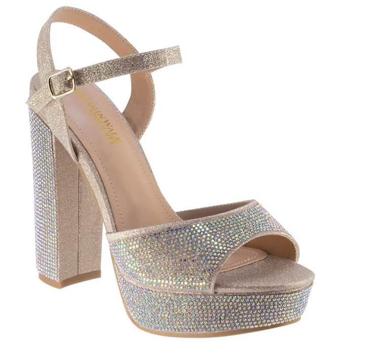Touch Ups Glitter High Block Heel Platform Sandals with Stones, Champagne, Size 11