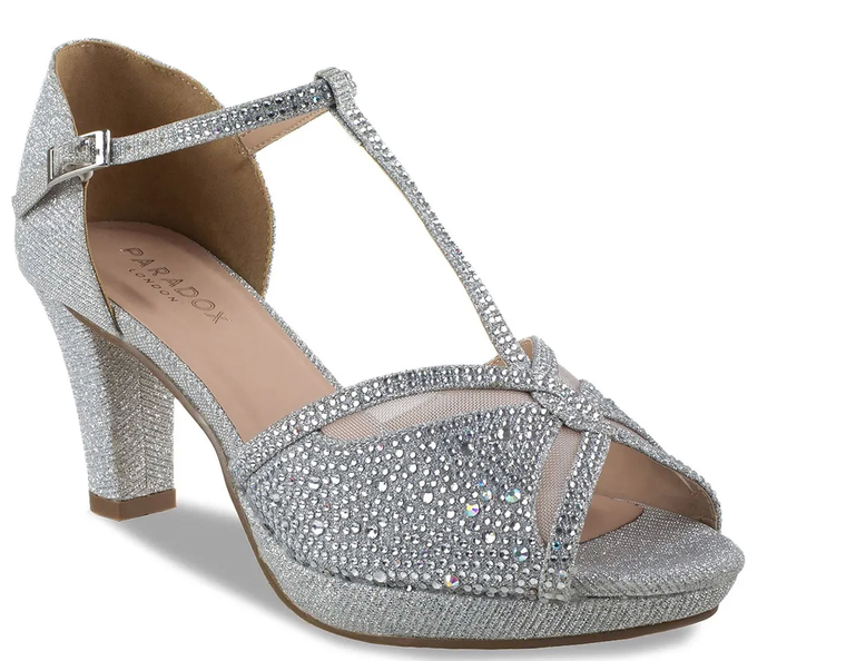 Paradox London , Nora Silver Shimmer Low Heel Peeptoe Platform Sandals, Silver, 7.5 Wide