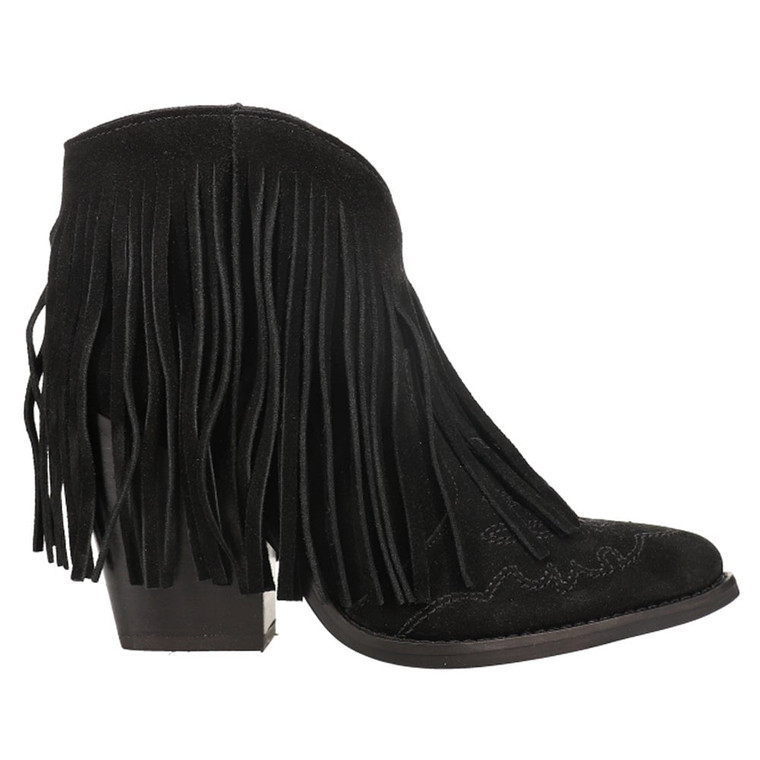 Dingo Womens Tangles Fringe Snip Toe Pull On Boots Ankle High Heel 3" & Up, Black 6 B (M)