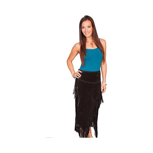 Women's Long Suede Fringe Skirt L659, Black XXL