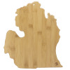  Extremely durable bamboo cutting board in the shape of the State of Michigan lower peninsula with a laser engraved graphic of Michigan iconic landmarks.