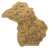  Extremely durable bamboo cutting board in the shape of the State of Michigan with a laser engraved graphic of Michigan iconic landmarks.