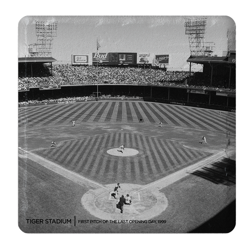 4x4" stone tile coaster with a corked back. This black and white image features the last Opening Day first pitch at Tiger Stadium, from the 1999 Detroit Tigers season.