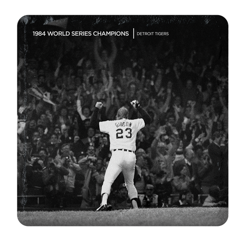 4x4" stone tile coaster with a corked back. This classic black and white image of  Kirk Gibson celebrating during the 1984 World Series.