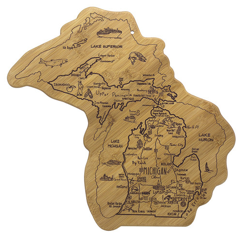  Extremely durable bamboo cutting board in the shape of the State of Michigan with a laser engraved graphic of Michigan iconic landmarks.
